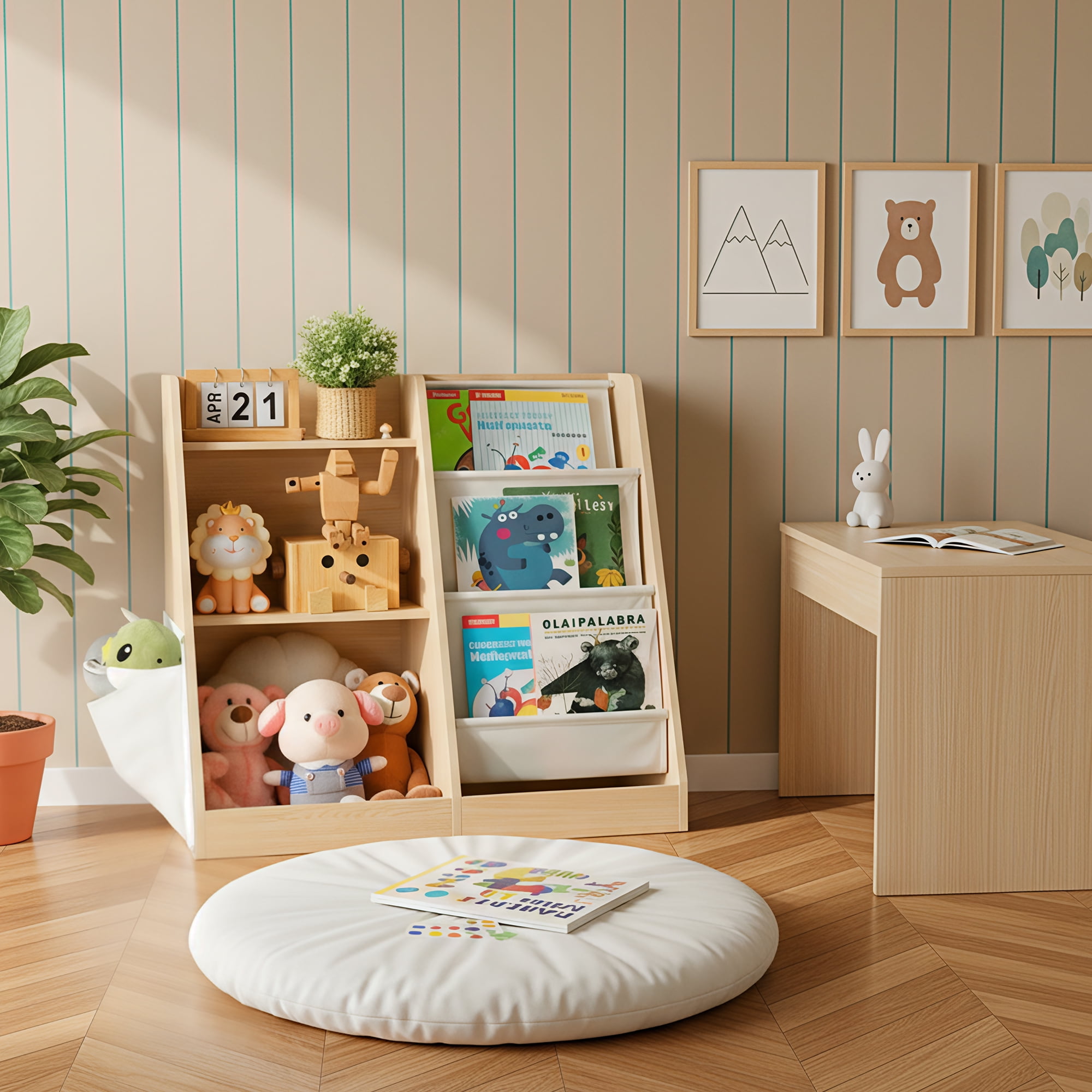 MAYEERTY Natural Wood Kids Bookshelf, 3-Tier Bookcase with Side Pocket, Children's Storage Organizer for Books & Toys