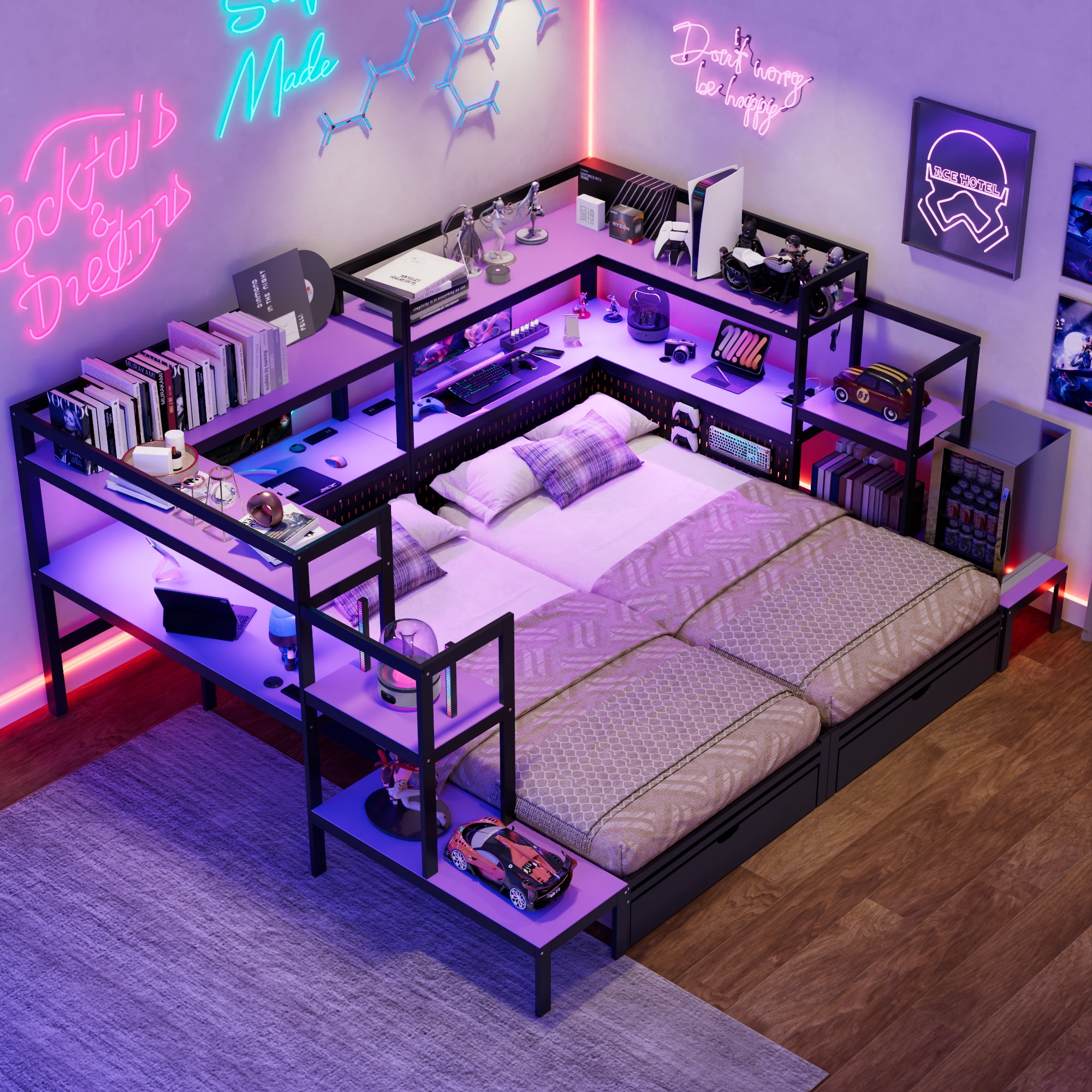 Mintazer Twin LED Gaming Daybed Storage Platform Bed with Charging Station & Integrated Desk Bookshelves and 3 Drawers for Kids Teens, Black+Purple
