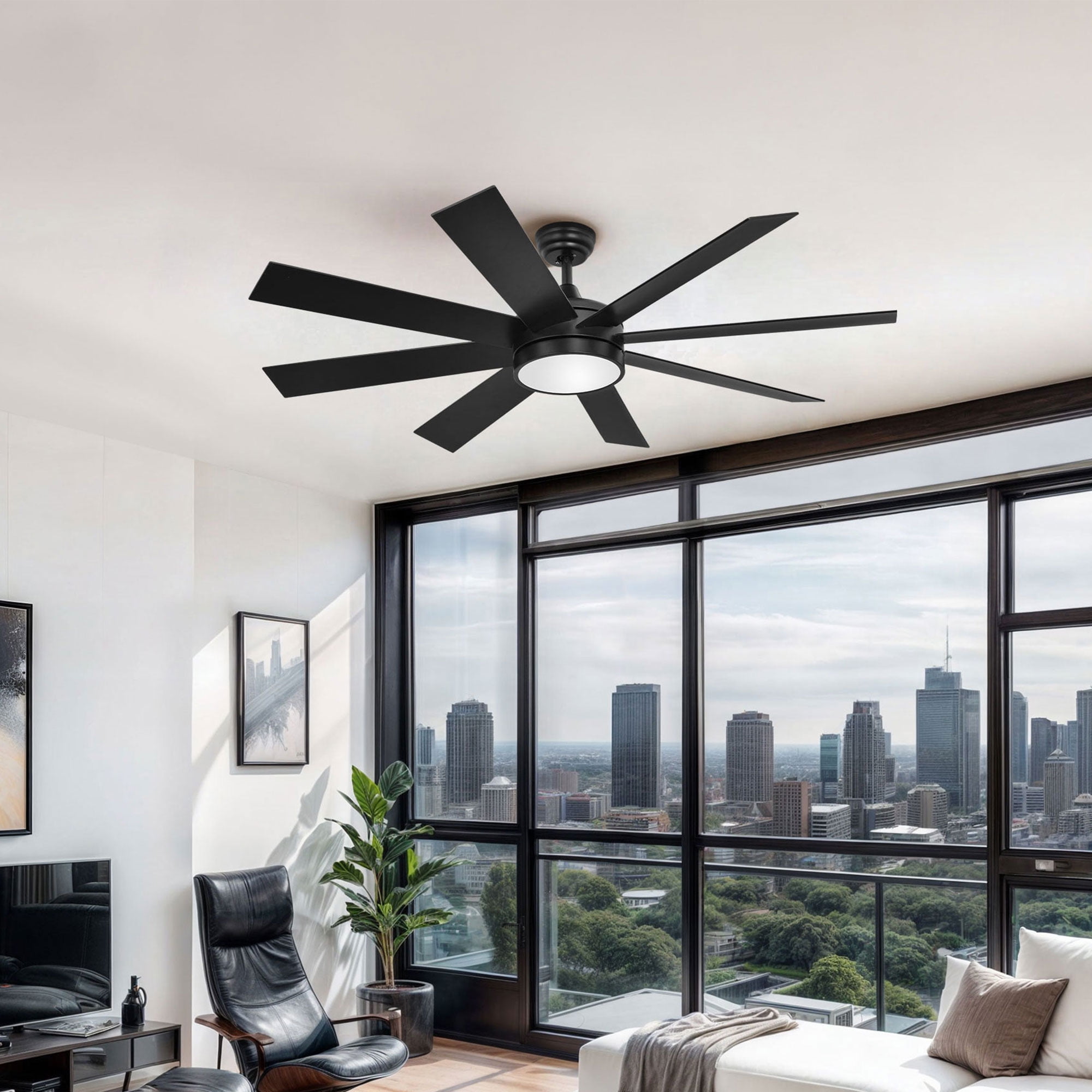 ModFusion 60″ Black Ceiling Fan with Light – Quiet Motor, Dimmable LED, 6 Speeds, Reverse Airflow, 8‑Blade Modern Design