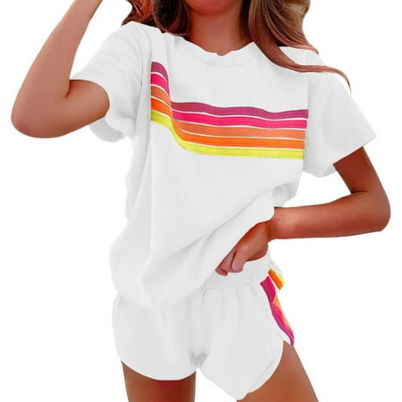 Baqcunre Women s Shorts Suit  Women 2 Piece Outfits Sweatsuit Casual Striped Pullover And Shorts Sets Travel Tracksuit White M