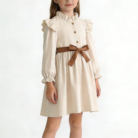 ATOGUTA Princess Dresses for Girls Long Sleeve A Line Twirly Skater Ruffle Loose Casual Dress for Holiday Party Size 2T-8. Beige