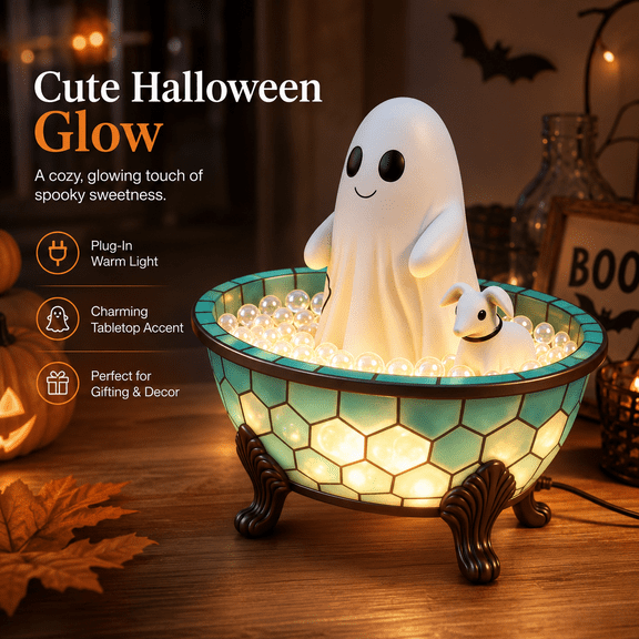 Stained Glass Ghost Bathtub Night Light, Cute Puppy In Tub LED Lamp, Warm White Spooky Fall Decor, USB Powered Halloween Accent for Bedroom, Bathroom Vanity, Ghost House Party, White