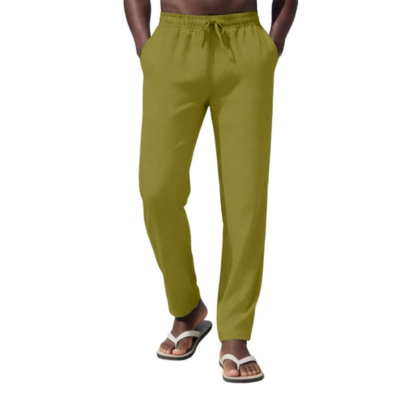 LEKWK Linen Pants for Men Slim Fit Breathable Lightweight Fabric Summer Beach Style Casual Pants Elastic Waist Drawstring Yoga Pants Vacation Outfits Wear