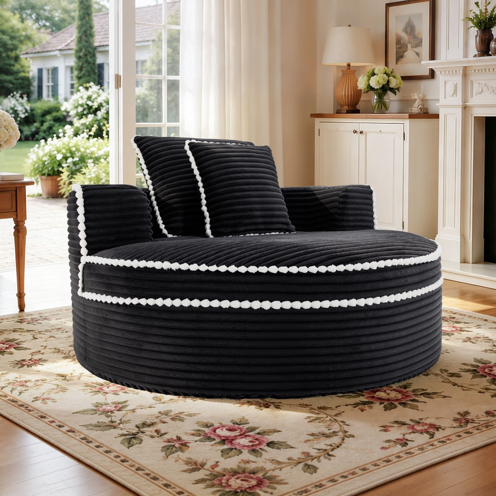 Lunale 54" Oversized Chaise Lounge Chair Indoor, Round Boneless Cloud Couch, No Assembly Required, Accent Reading Chair for Living Room, Black Corduroy