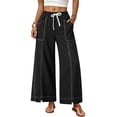 thumbnail image 2 of Women's Cotton Loose Wide Leg Pants, Mid Elastic Waist Drawstring with Pockets, Lightweight Casual Flowy Trousers for Business Summer Vacation, Soft Linen | VerBelle,Black 3XL, 2 of 9
