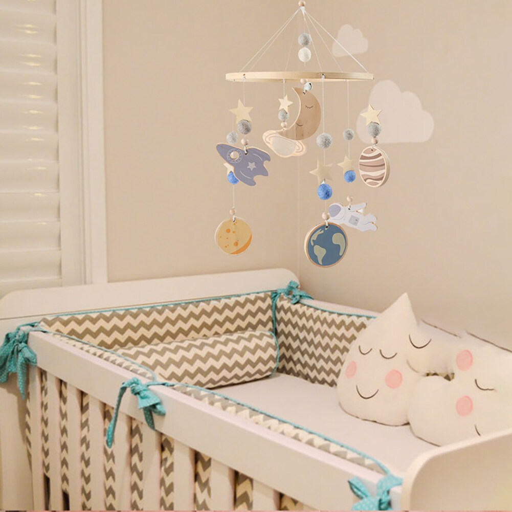 Baby Space Bed Bell – Wooden Hanging Crib Mobile Toy with Stars & Moon for Infant Sleep, Nursery Decor & Sensory Play