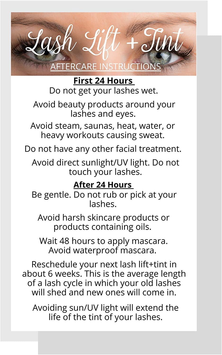 Brow Tint & Wax Aftercare Instruction Cards - 50 Pack, 2x3.5" Business Card Size, Lavender Design-867558