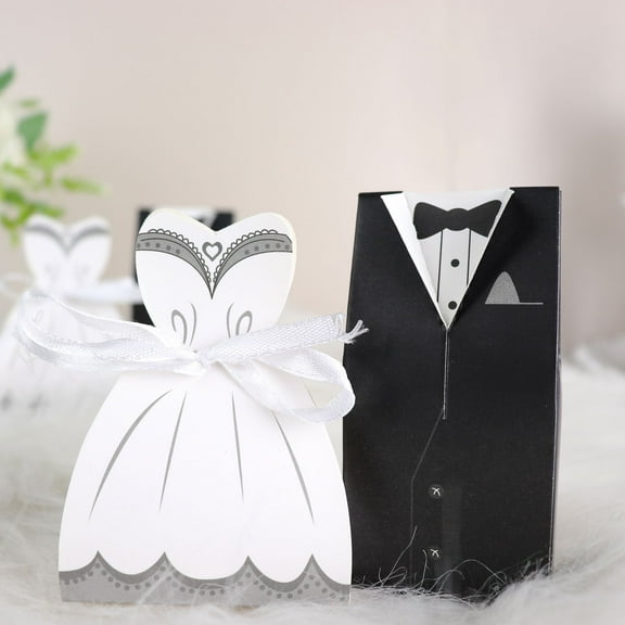 Efavormart 50 Pc Set | Wedding Dress & Tuxedo Shower Party Favor Candy Gift Boxes with Ribbon Ties