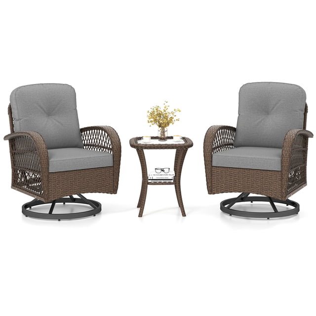 Gymax Set Of 3 Patio Swivel Rocker Set Gliding Bistro Furniture Set w/ Tempered Glass Table Gray