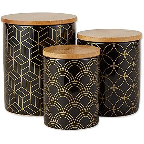 Kitchen Ceramics Collection, Canister Set, Mixed Print, Black/Gold, 3 Piece