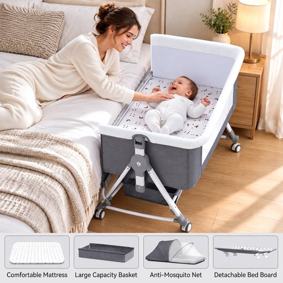 HENG Co. 5-in-1 Foldable Baby Bassinet with Changing Table, Adjustable Height Bedside Crib for Infants, Gray, for 0-24 Months