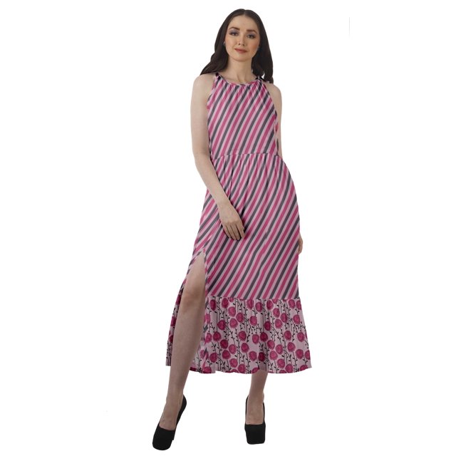 Moomaya Robe Longue Imprimée pour Femmes, Fente avant, Aguichant, Sans Manches, en Rayonne, Robe de Mariage