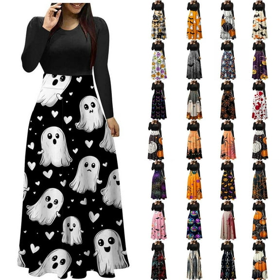 Wiyuqeen Halloween Dresses for Women Pumpkin Print Maxi A Line Dress Long Sleeve Crew Neck Vintage 1950s Dress Casual Long Dress