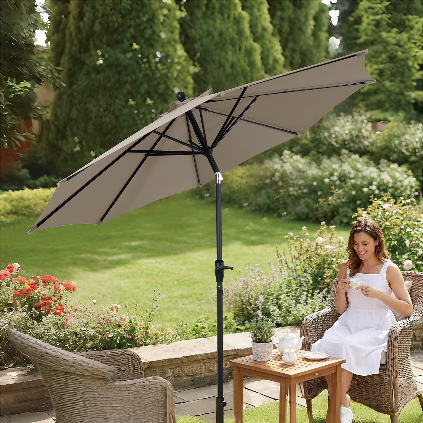 AE Outdoor 9ft Patio Umbrella with Auto-Tilt & Crank Lift, UV Protection Outdoor Market Parasol for Garden Deck (Base Not Included)