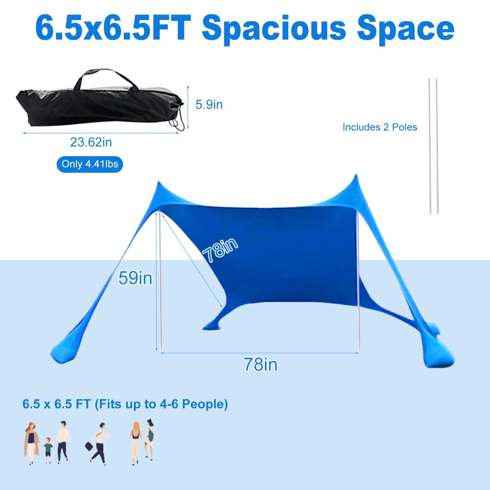 2-Pole Beach Canopy Tent – UPF 50+ Sun Shade with Sandbags & Carry Bag – Windproof, Portable – 78”x78” Fits 6-8 People – for Camping, Backyard, Picnic & Outdoor Activities