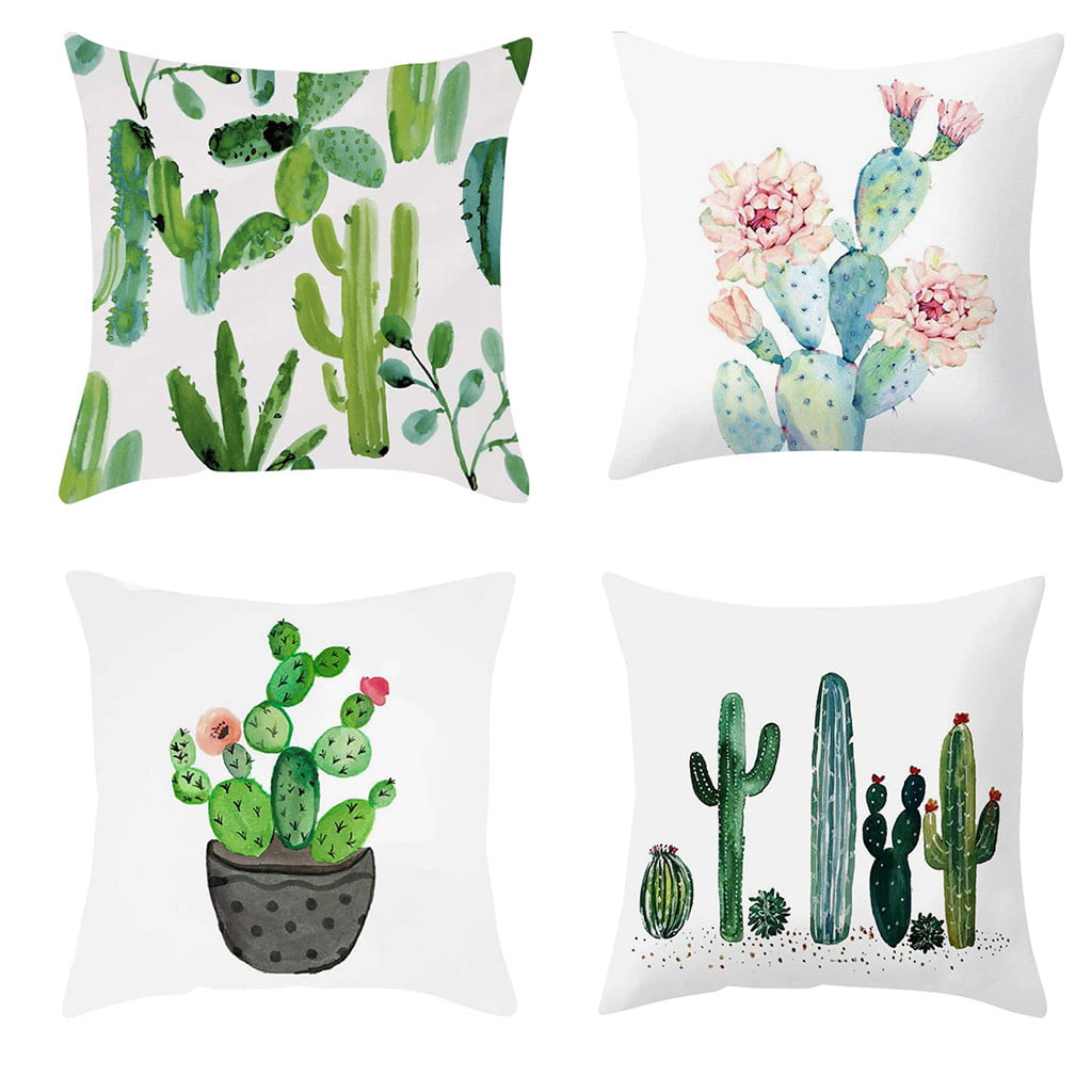 Cactus Plant Indoor Tropical Green Velvet Look Square Lumbar Retro Cushion Cover 