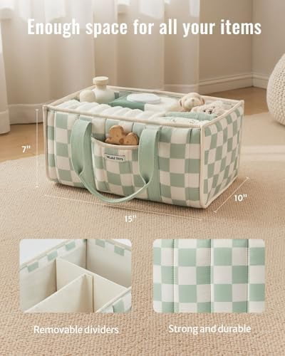 Checkered Diaper Caddy Organizer, Stylish Nursery Storage Basket, Gift for Baby Shower, Newborn Essentials, Registry Search Must Haves, Sage Green