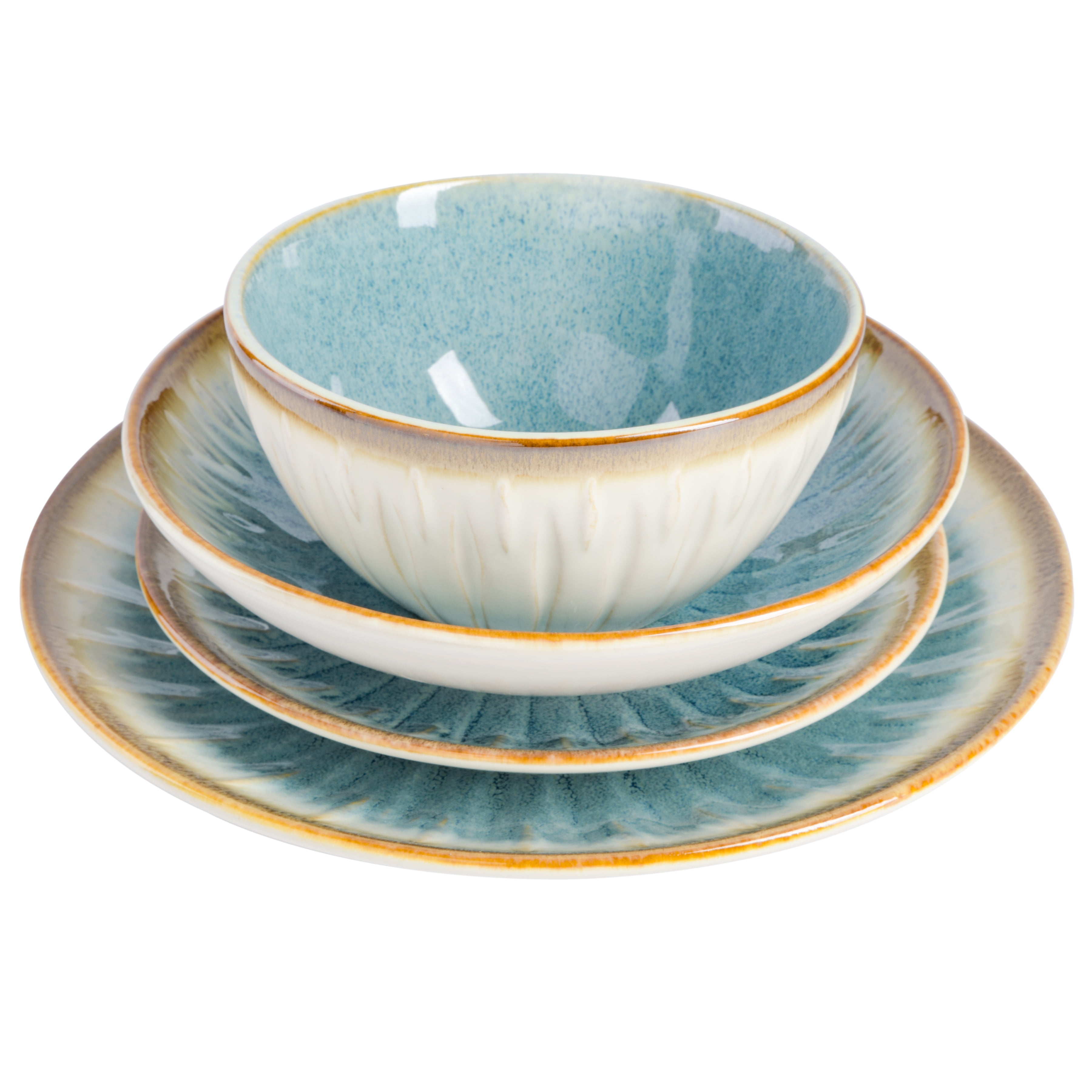 Gibson Elite Mayfair Bay 16 Piece Double Bowl Embossed Reactive Dinnerware – Blue