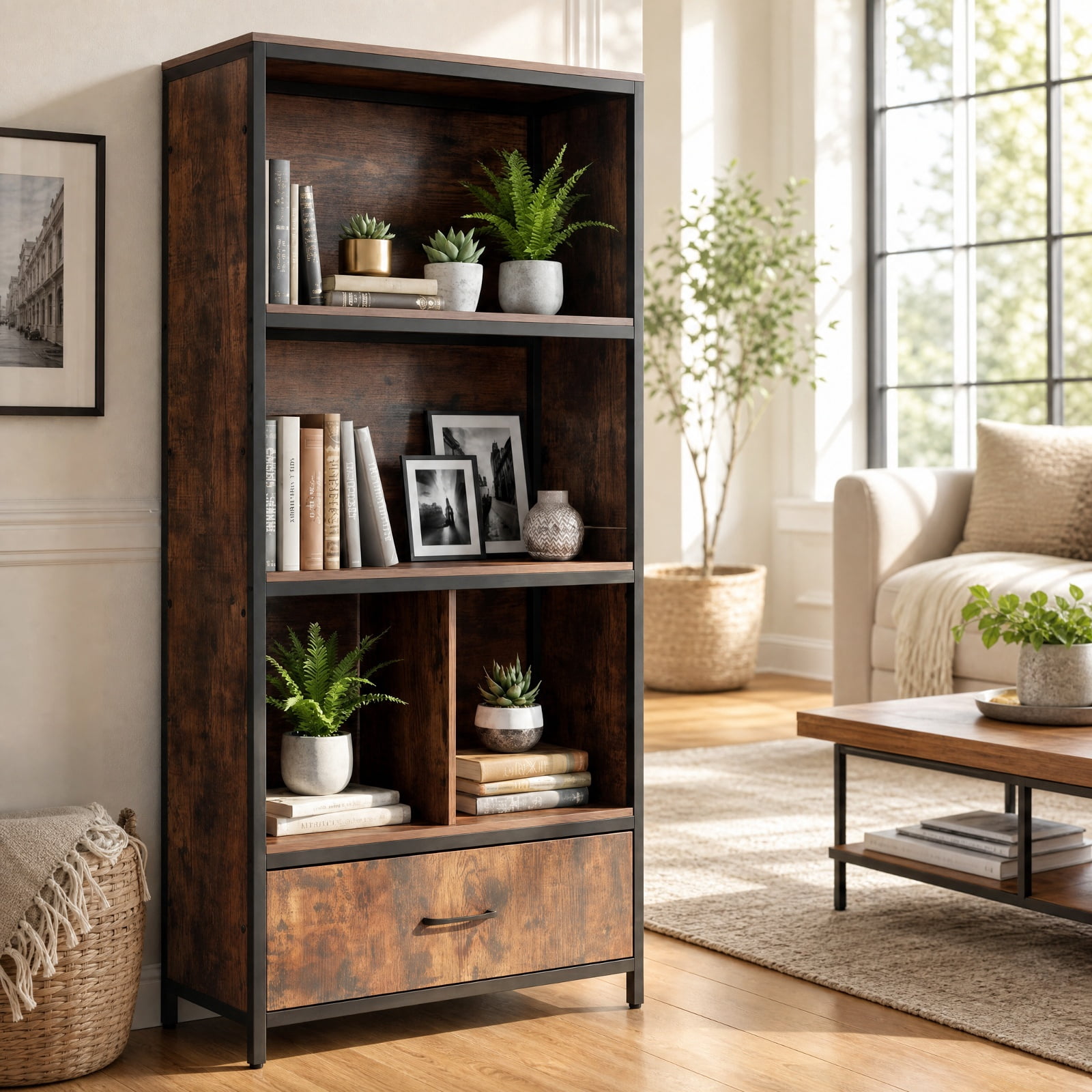 Furnibear 56" Tall Freestanding Bookcase with Drawer 5 Tier-RusticBrown for Living Room Home Office Bedroom Display Storage Shelf, Coffee