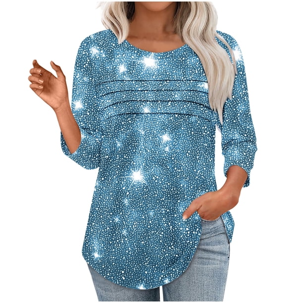 Heisall Womens Tops 3/4 Sleeve Round Neck Loose Casual Tshirts Striped Print Pullover