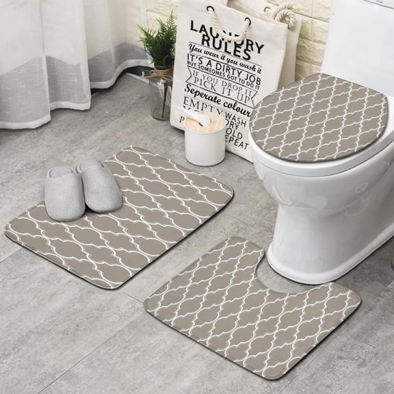 Brown Geometric Quatrefoil Pattern Bathroom Rugs Sets 3 Piece,Toilet Cover Set,Absorbent Non Slip Bathroom Mats Sets with U-Shaped Contour Rug Toilet Rug Set