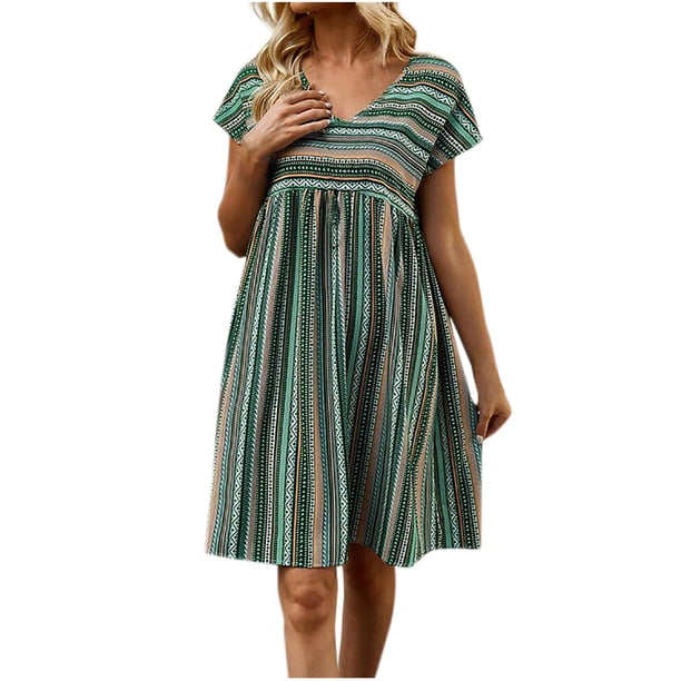 Vestido de Manga Corta para las Mujeres, V-Cuello Estilo Bohemio Impresión Empalme Rodilla Vestido de Longitud, Casual