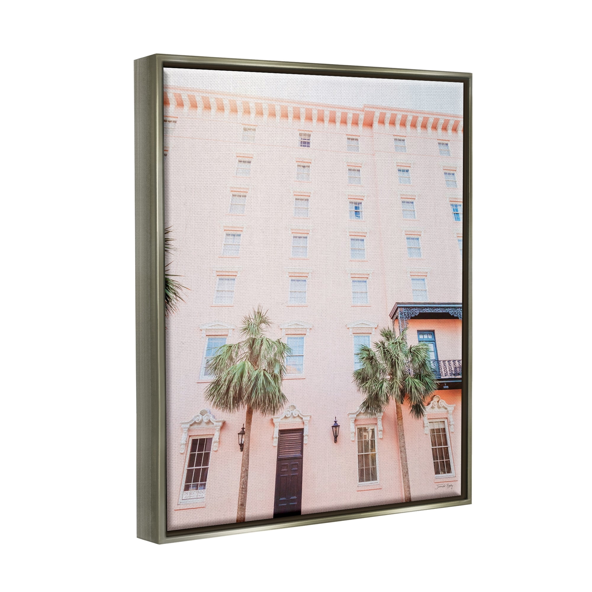 Stupell Industries Tropical Pink Vacation Building Summer Palm Trees Photograph Luster Gray Floating Framed Canvas Print Wall Art, Design by Jennifer Rigsby