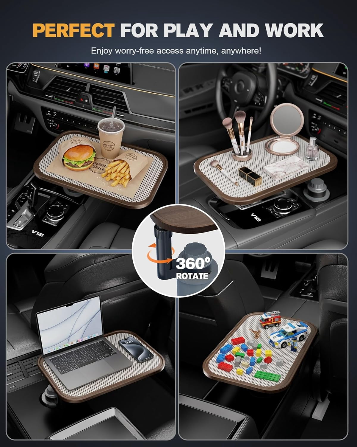 Car Desk for Laptop, Car Table & Car Tray with 360° Rotating Cup Holder, Adjustable Height Car Food Tray, As Car Table Tray or Car Seat Tray, Compatible with Tesla Model 3/Y/S, Ford / Most Vehicles