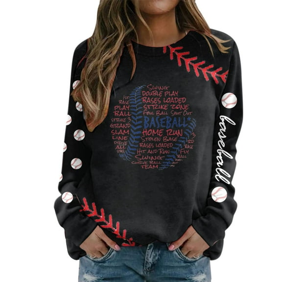 Hoodies for Women Long Sleeve Round Neck Casual Baseball Print Game Hoodless Sweatshirt Size L