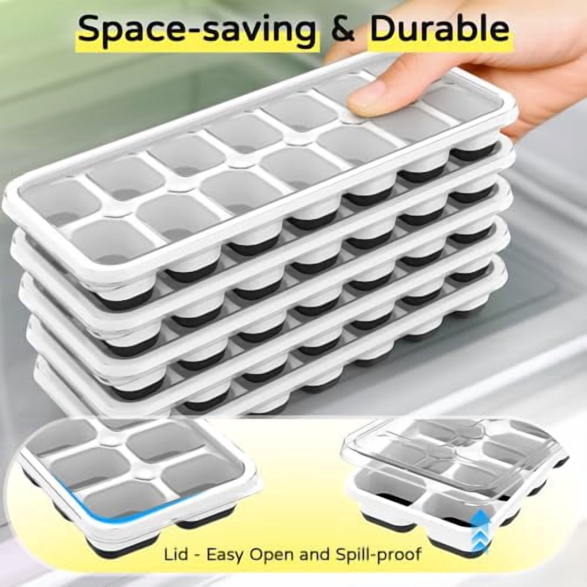 Stackable Silicone Ice Cube Trays with Lid, 5-Pack Reusable BPA-Free Rectangular Ice Cube Mold Set for Easy Release Cocktails, Coffee, Whiskey and Other Drinks in Black