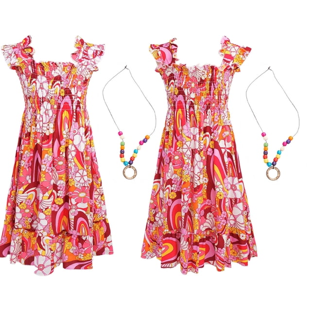 Moggemol Robe d'Été Décontractée pour Filles avec Collier, Imprimé Floral Bohème, Robe Soleil, Tenue de Plage pour les Vacances, Rouge 150