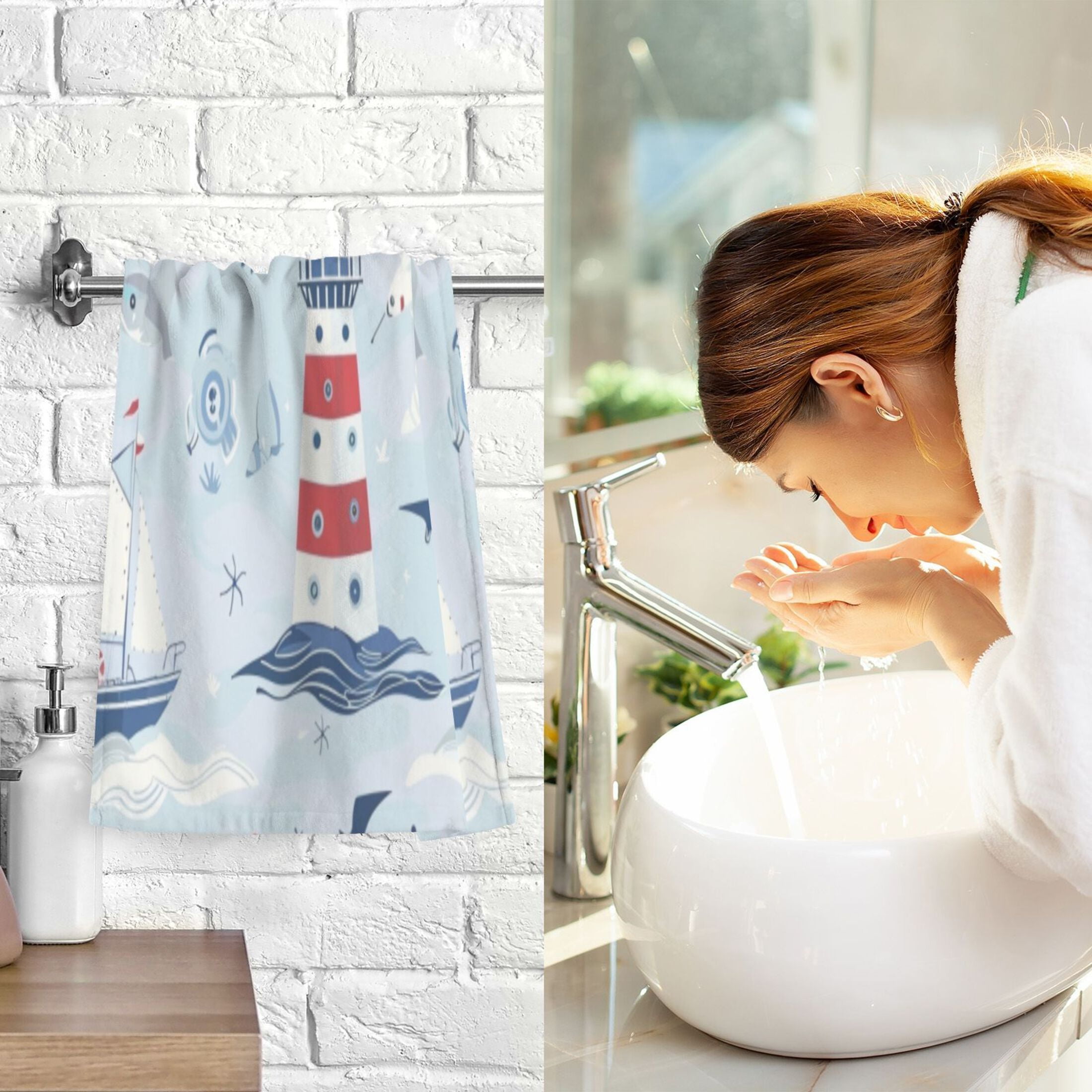 Cotton Towel Two-Piece 16x28 Inch One Sizex2 Face Towel Set Towel Set Cotton Hand Bath Towel Bathroom Beach Cartoon Red Lighthouse