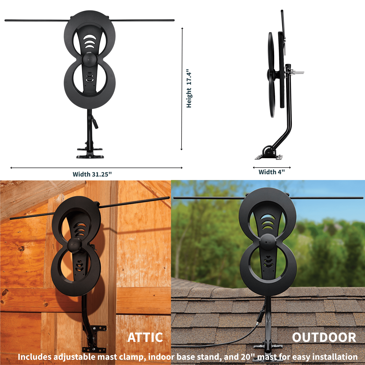 ClearStream 2MAX UHF VHF Indoor Outdoor HDTV Antenna with 20-inch Mast and Indoor Base Stand
