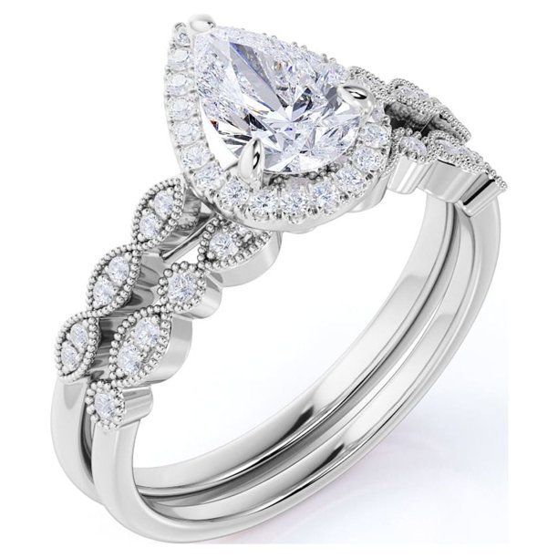 JeenMata Anillo Nupcial con Filigrana Art Déco de 1,75 Quilates de Aguamarina y Moissanita de Talla Brillante Redonda con Halo Pavé Engastado en Oro Blanco de 18 K sobre Plata
