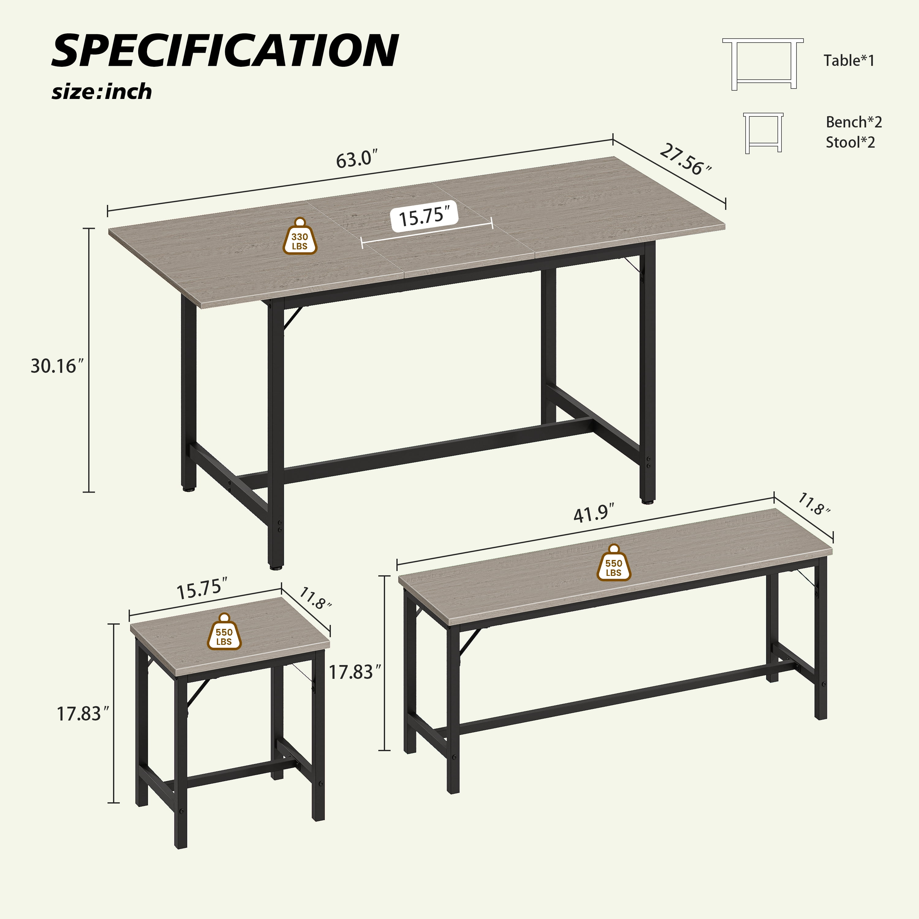 Aukfa 63" Extendable Dining Table Set for 4-8, 3-Piece Kitchen Table Set with 2 Benches & 2 Stools, Space Saving Wood Table & Metal Frame,Gray