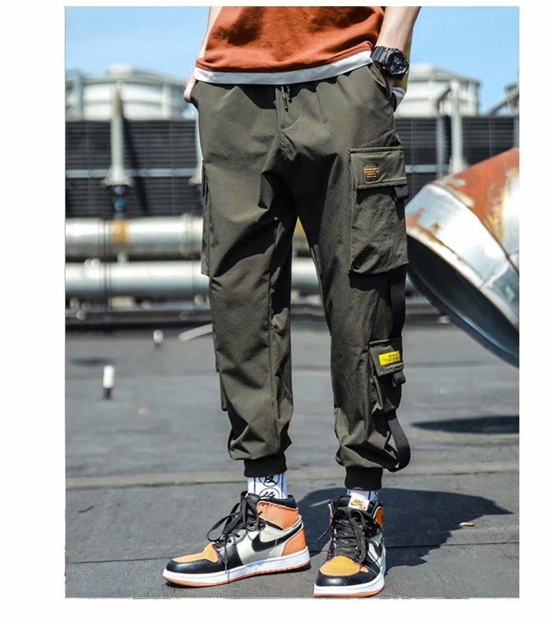 Streetwear Hip Hop Cargo Pants Mens Baggy Pockets Ribbon Joggers Pants Men  Black Pants