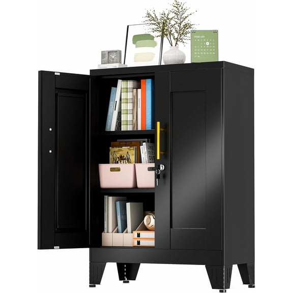 36" Black Metal Storage Cabinet with Lock, Locking Cabinet with 2 Doors and 2 Adjustable Shelves, Bathroom Floor Cabinets, Freestanding Locked File Cabinets for Home/Office/Garage