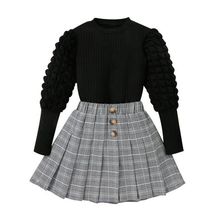 

Zlekejiko Toddler Girls Spring Winter Long Sleeve Solid Colour Tops Plaid Skirt 2PCS Outfits Clothes Set