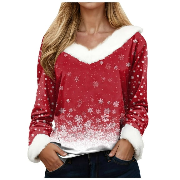 larppty Cozy Faux Fur Trim Sweatshirt | Women's Loose-Fit Holiday Graphic Pullover Party Outfits (Wine, L)