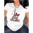 thumbnail image 1 of Camiseta elegante para mujer con estampado floral de la Torre Eiffel y mariposas. Mezcla de algodón suave, cuello redondo, manga corta, ligera y cómoda. Ideal para el tiempo libre y el deporte., 1 of 8