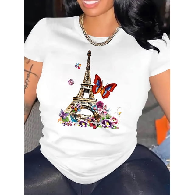 Camiseta elegante para mujer con estampado floral de la Torre Eiffel y mariposas. Mezcla de algodón suave, cuello redondo, manga corta, ligera y cómoda. Ideal para el tiempo libre y el deporte.