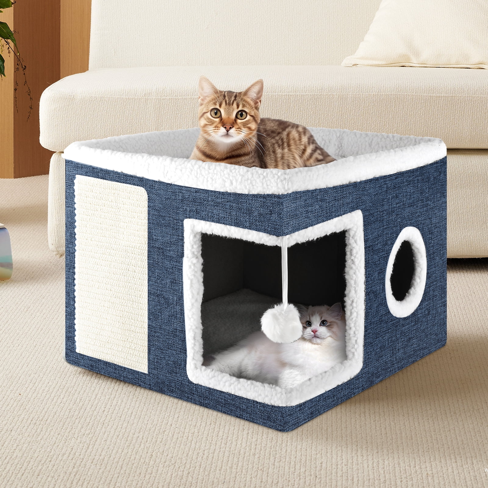 Cat Bed YUWENUS Cat House for Indoor Cats with 2 Cushion, Large Cat Cave with Scratch Pad and Fluffy Ball Hanging,Blue