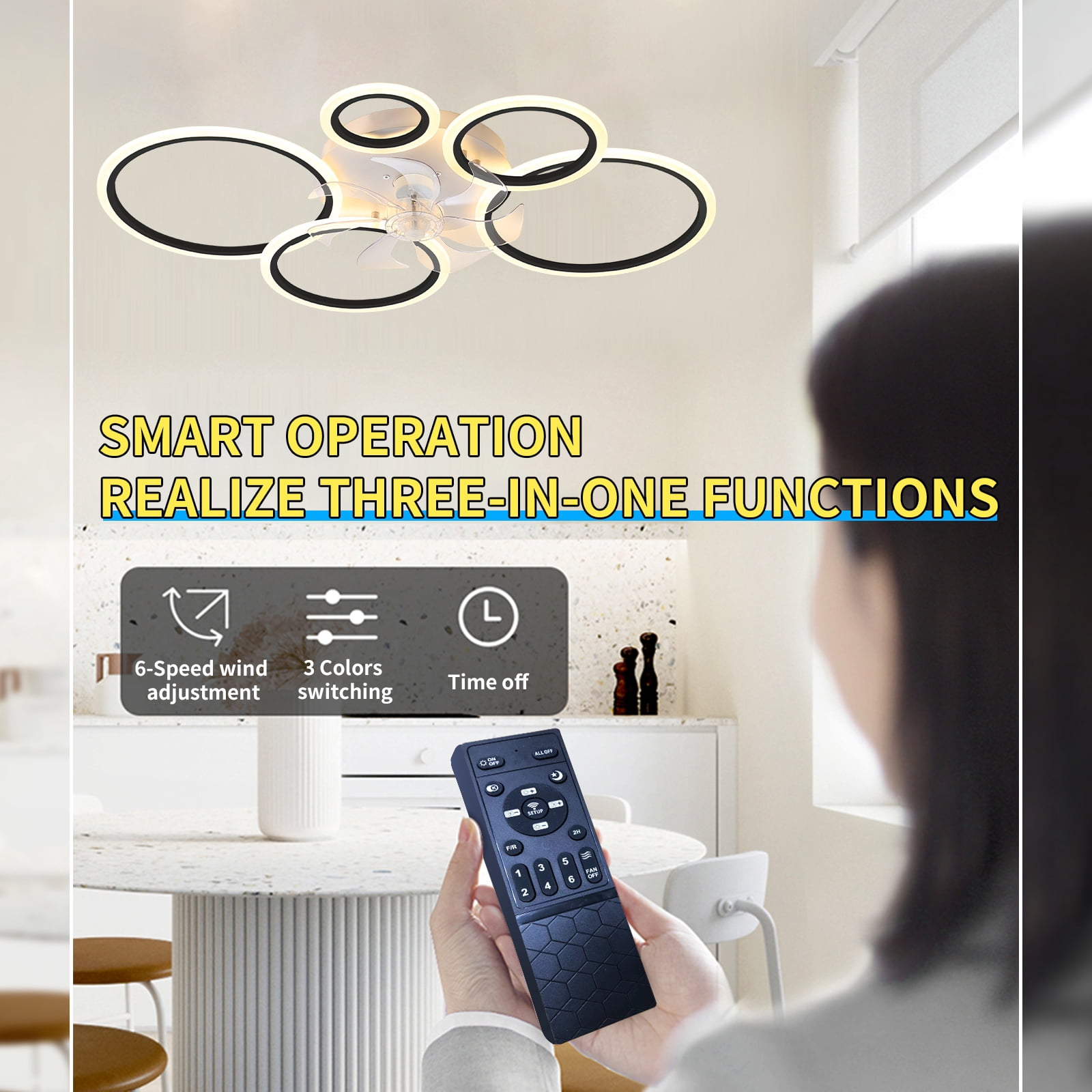 Ceiling Fan with Lights Remote Control and APP Control, Dimmable with Remote 7 Blades 6 Speeds of Wind, Black
