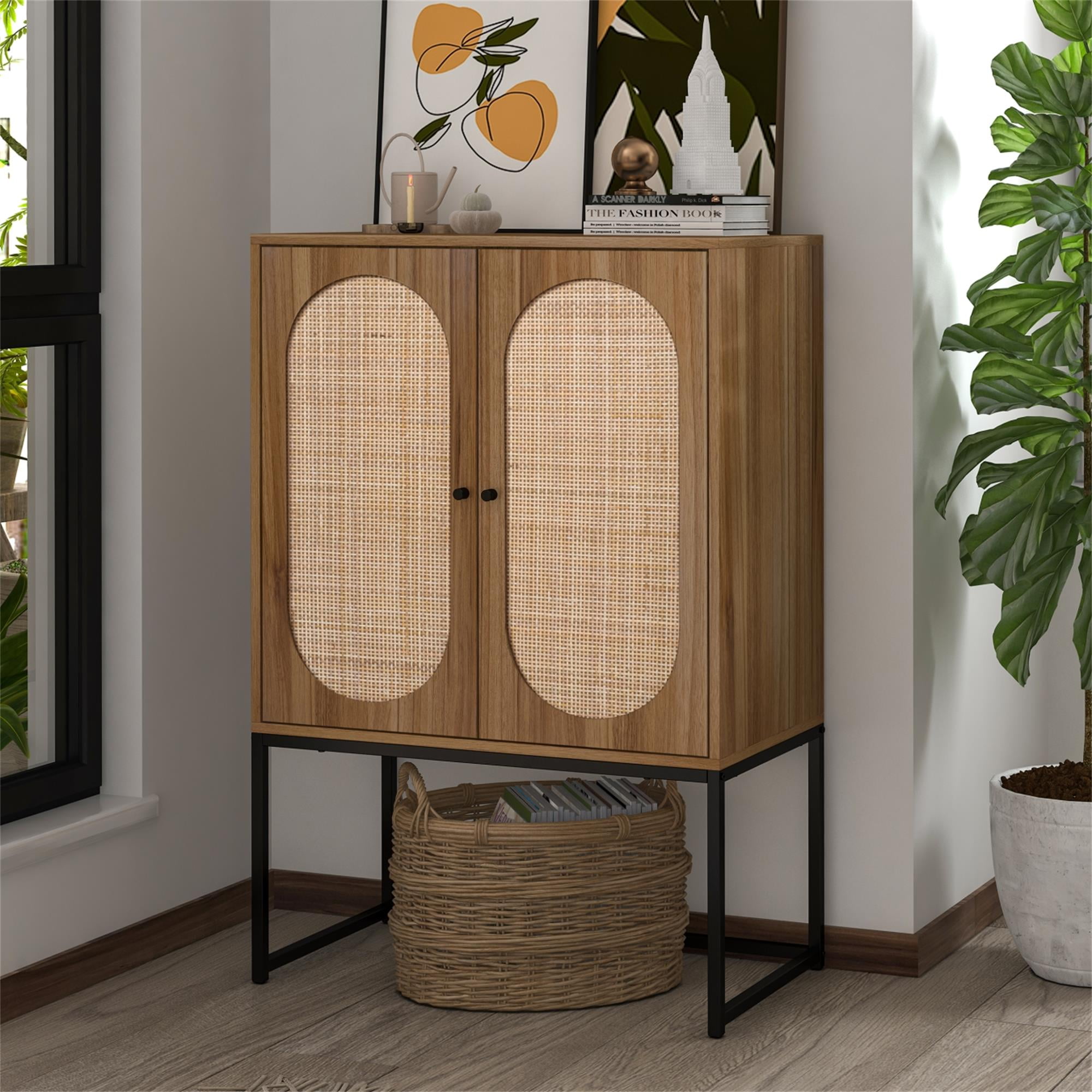 YYAo 2 Door Kitchen Cabinets, Easy Assembly Rattan Pantry Cabinets with Adjustable Shelf for Living Room Bedroom, Walnut YYAo 2 Door Kitchen Cabinets, Easy Assembly Rattan Pantry Cabinets with Adjustable Shelf for Living Room Bedroom, Walnut