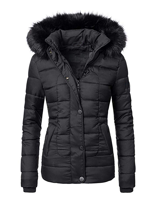 ladies black padded coat with fur hood