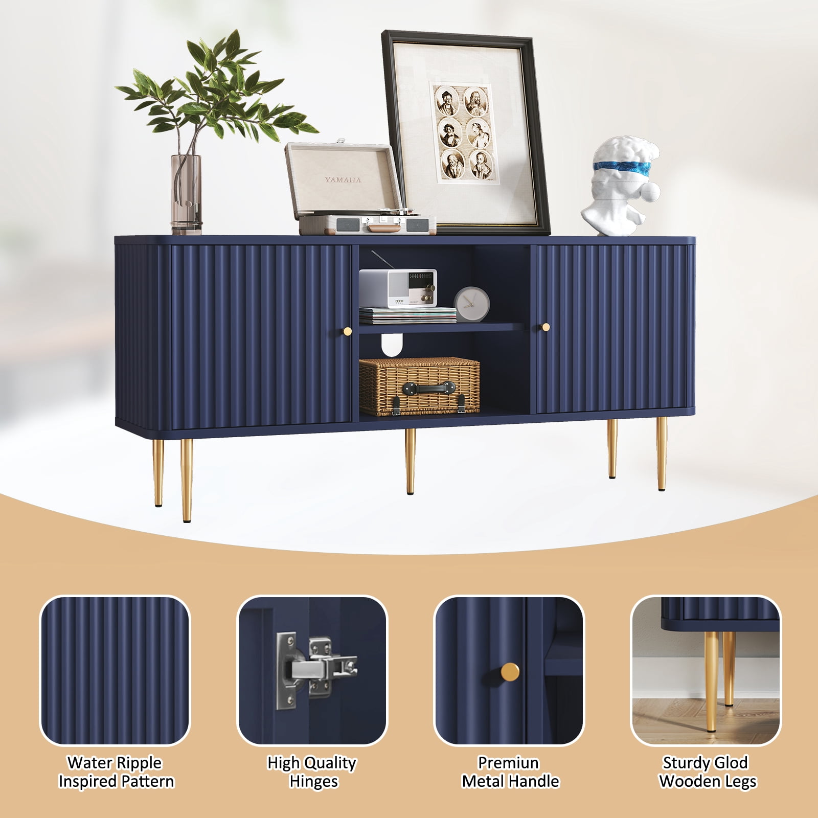 HLR Modern Fluted 55" TV Stand for 65 Inch TV, Entertainment Center with Storage, TV Console for Living Room, Blue