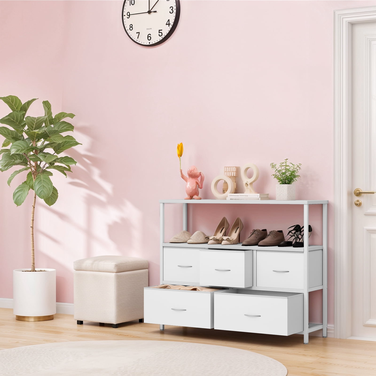 TV Stand, White Dresser for Bedroom, Entertainment Center for 45 Inch TV with Drawers, Fabric, Adjustable Feet, Living Room