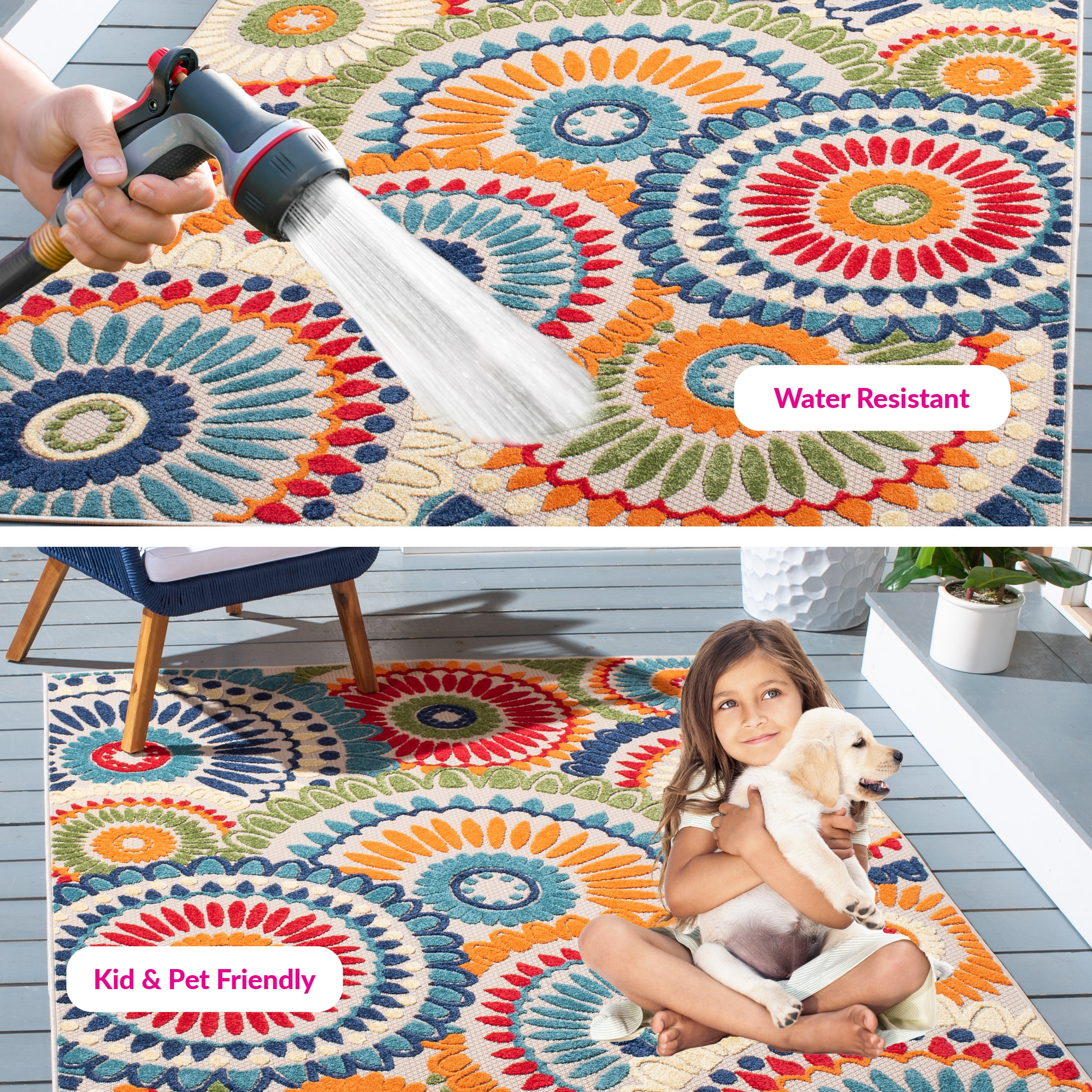 SAFAVIEH Cabana Brynn Floral Indoor/Outdoor Area Rug, Blue/Ivory, 6'7" x 6'7" Square