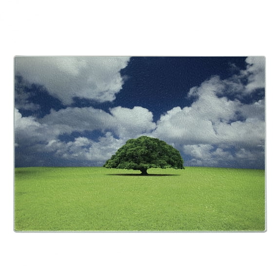 Nature Cutting Board, Single Old Tree on Wide Grass Field Fluffy Clouds Sunny Summer Day Cloudscape Print, Decorative Tempered Glass Cutting and Serving Board, Small Size, Green Blue, by Ambesonne