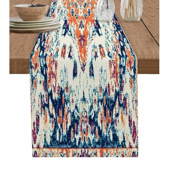 Retro Boho Orange Table Runner-Cotton Linen- 120 Inch Holiday Dresser Scarves, Tribal Patterns Ethnic Bohemian Antique Tablerunner for Kitchen Coffee/Dining Living Room Dinner Scarf Décor 13x120